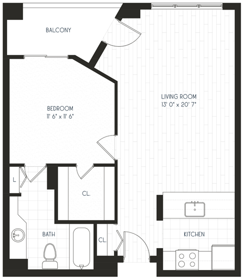 Floor plan for 1 bed, 1 bath, 695 sqft